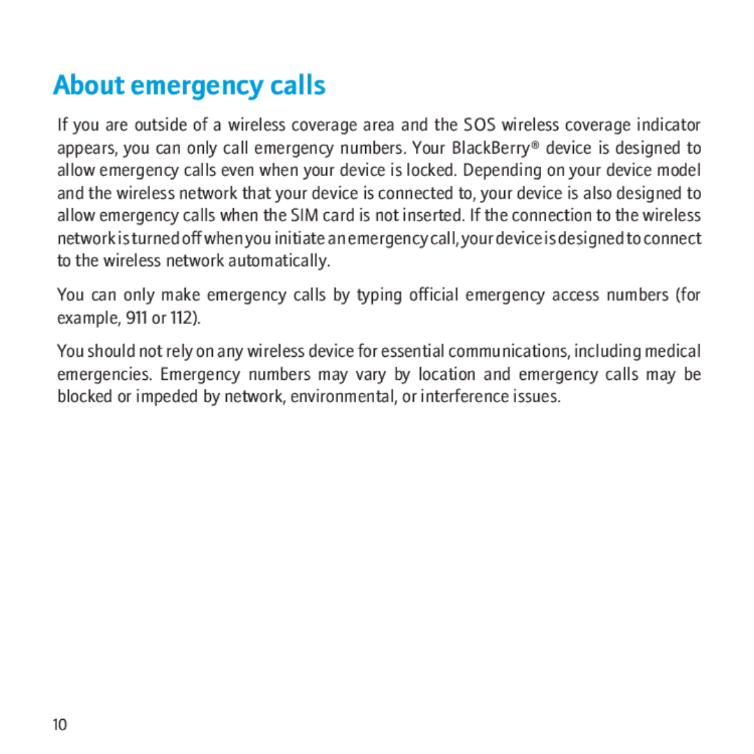 Blackberry 9550, 9520 manual About emergency calls 