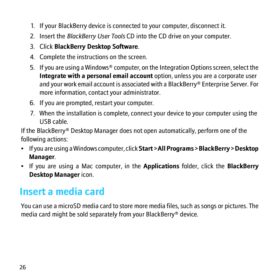 Blackberry 9550, 9520 manual Insert a media card, Click BlackBerry Desktop Software 