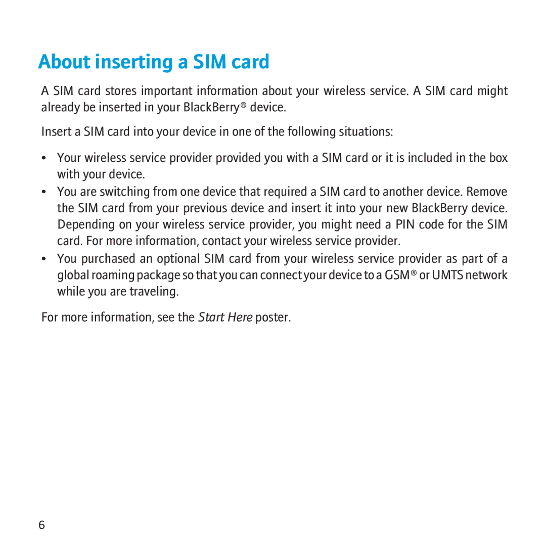 Blackberry 9550, 9520 manual About inserting a SIM card 