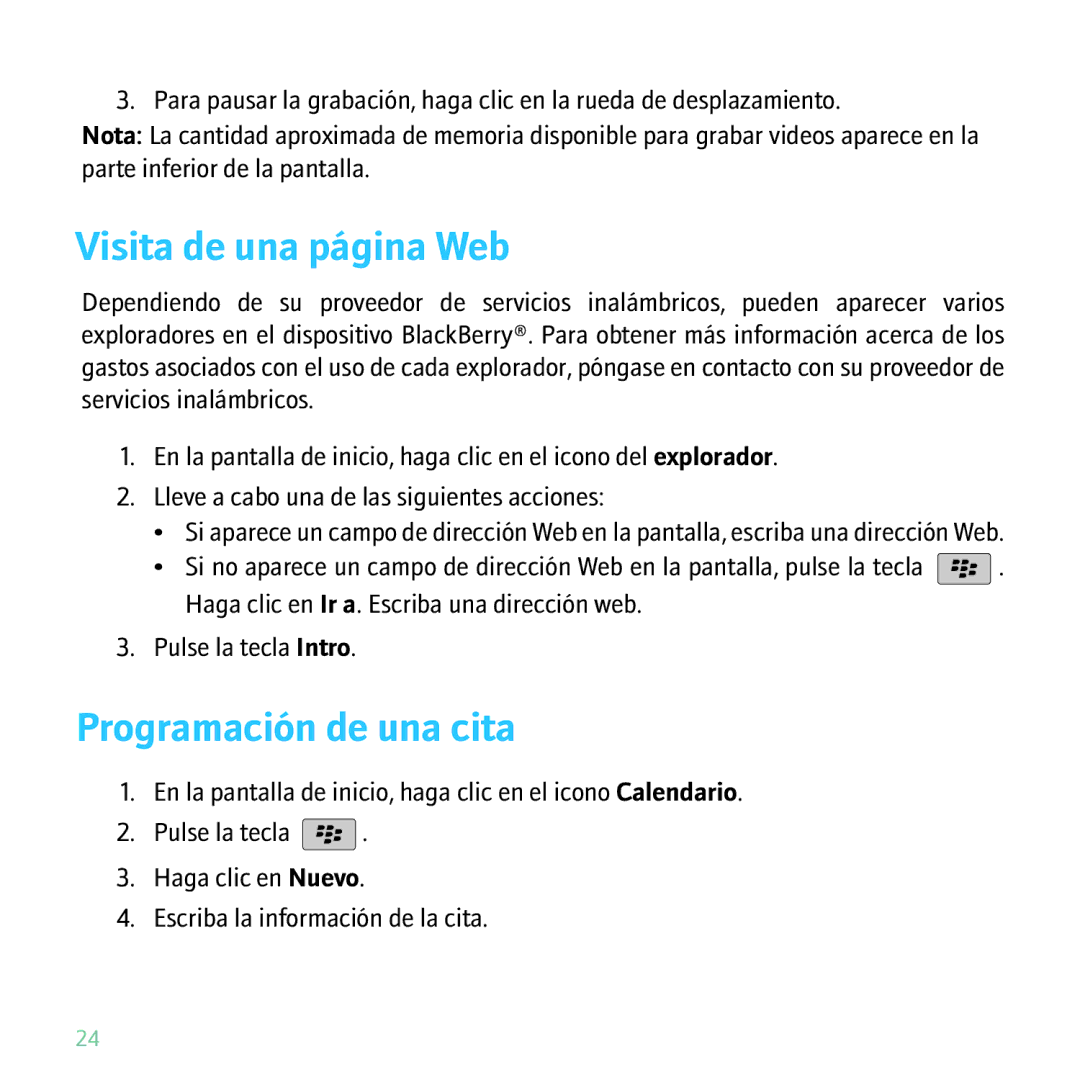 Blackberry 9630 manual Visita de una página Web, Programación de una cita 