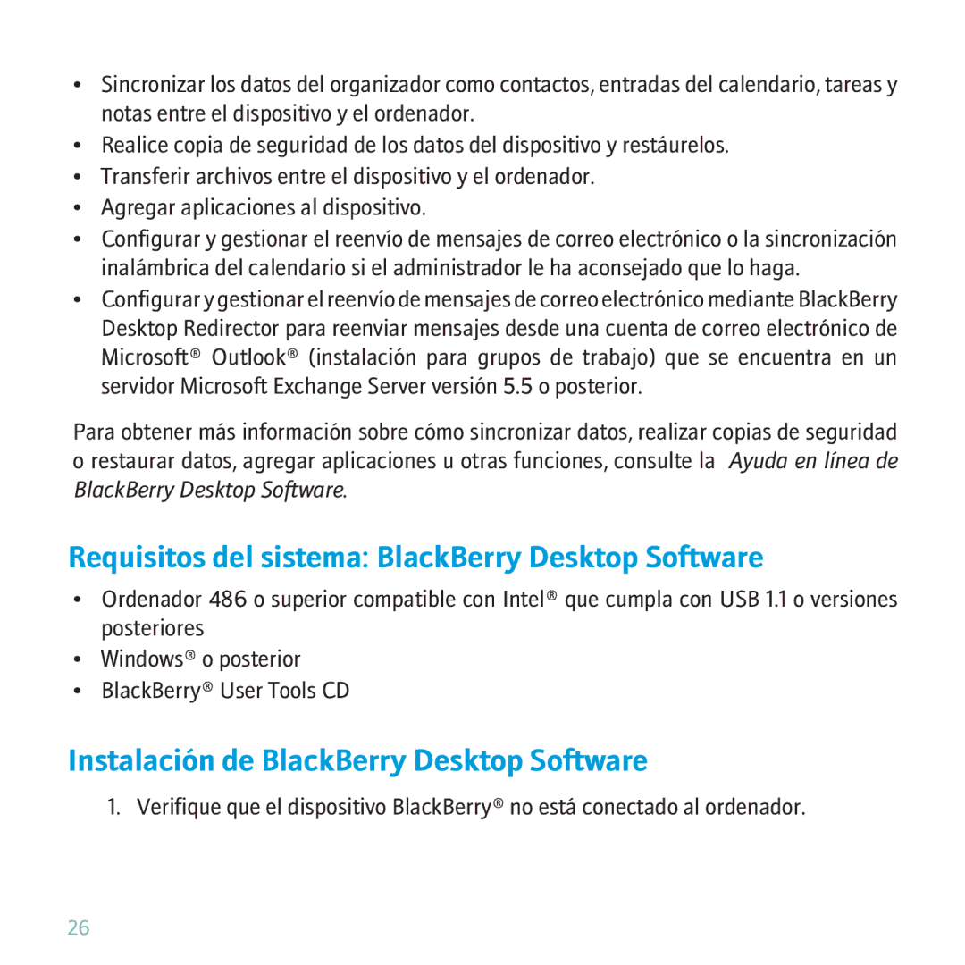 Blackberry 9630 manual Requisitos del sistema BlackBerry Desktop Software 