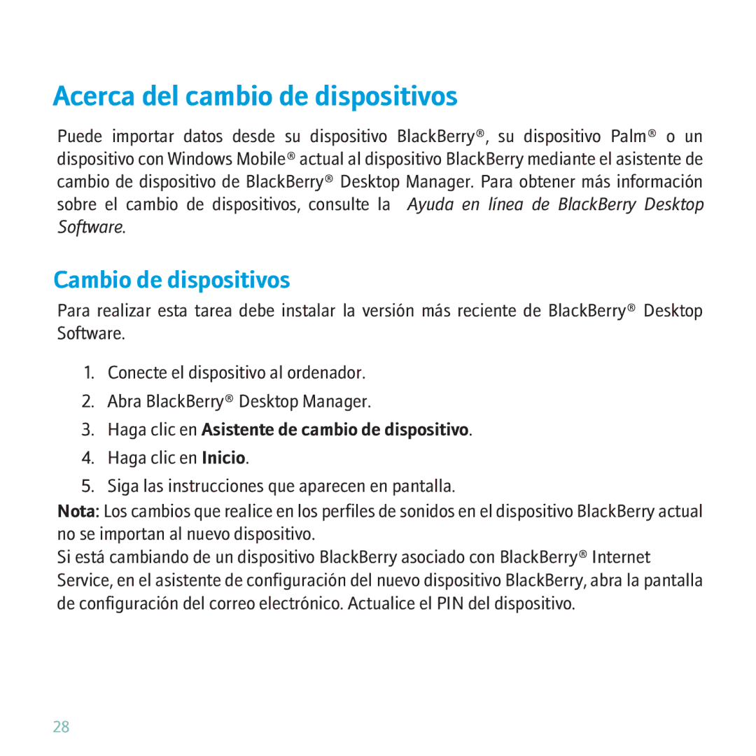 Blackberry 9630 manual Acerca del cambio de dispositivos, Cambio de dispositivos 