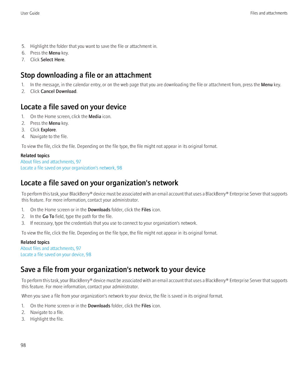 Blackberry 9700 manual Stop downloading a file or an attachment, Locate a file saved on your device 