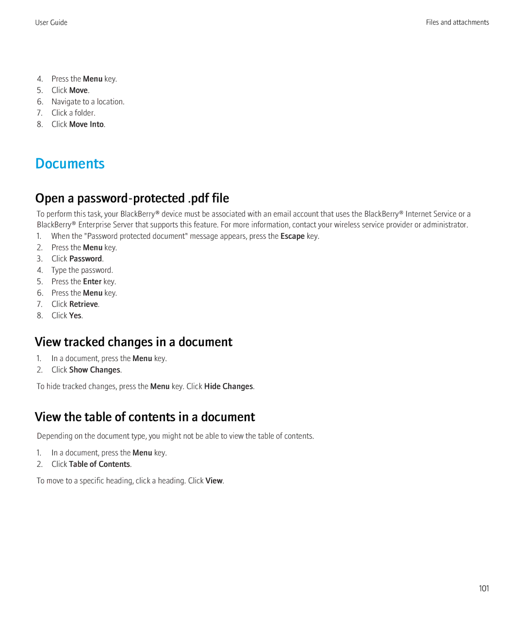 Blackberry 9700 manual Documents, View tracked changes in a document, View the table of contents in a document 