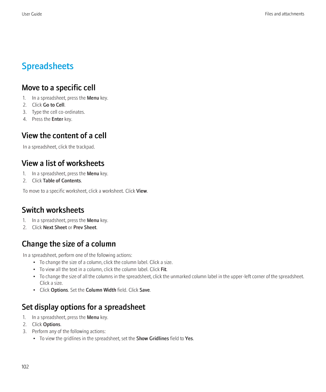 Blackberry 9700 manual Spreadsheets 