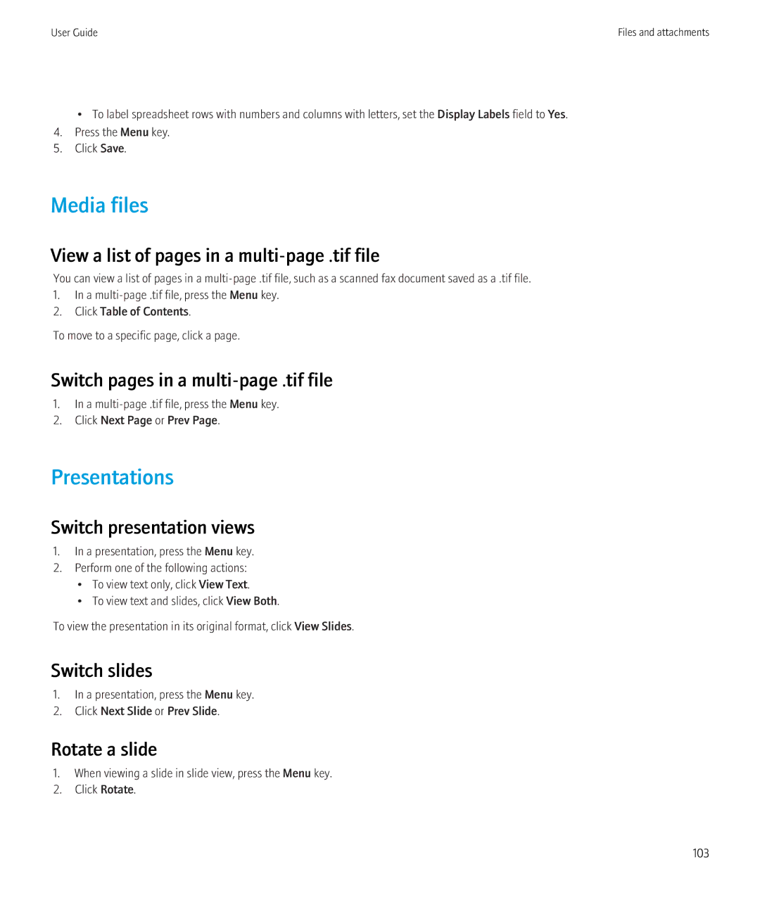 Blackberry 9700 manual Media files, Presentations 