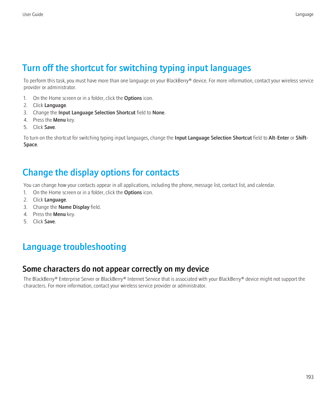 Blackberry 9700 manual Turn off the shortcut for switching typing input languages, Change the display options for contacts 