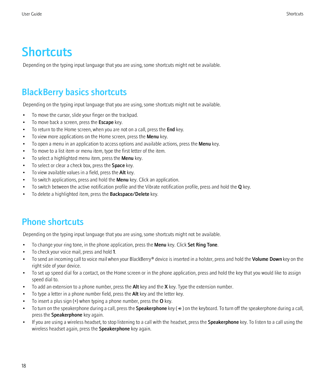 Blackberry 9700 manual Shortcuts, BlackBerry basics shortcuts, Phone shortcuts 