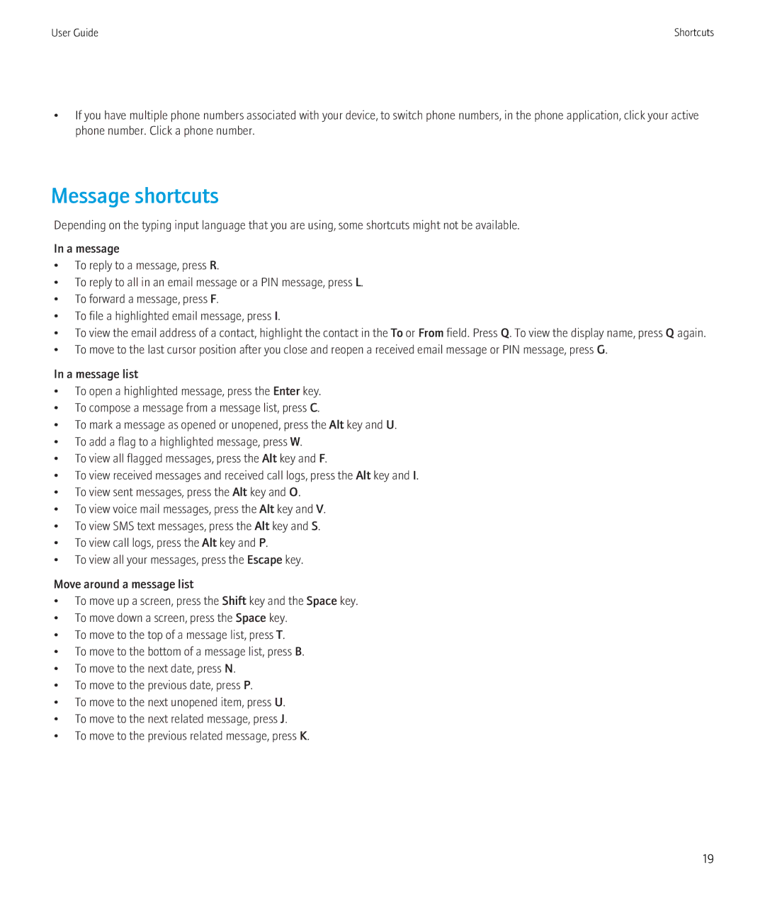 Blackberry 9700 manual Message shortcuts 