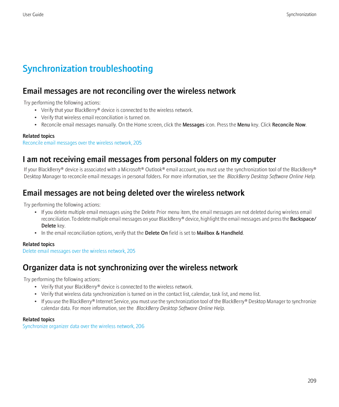 Blackberry 9700 manual Synchronization troubleshooting, Email messages are not reconciling over the wireless network 