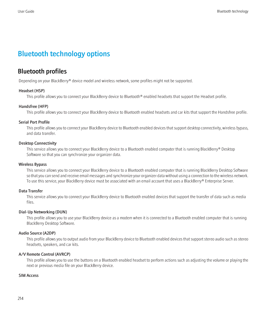 Blackberry 9700 manual Bluetooth technology options, Bluetooth profiles 