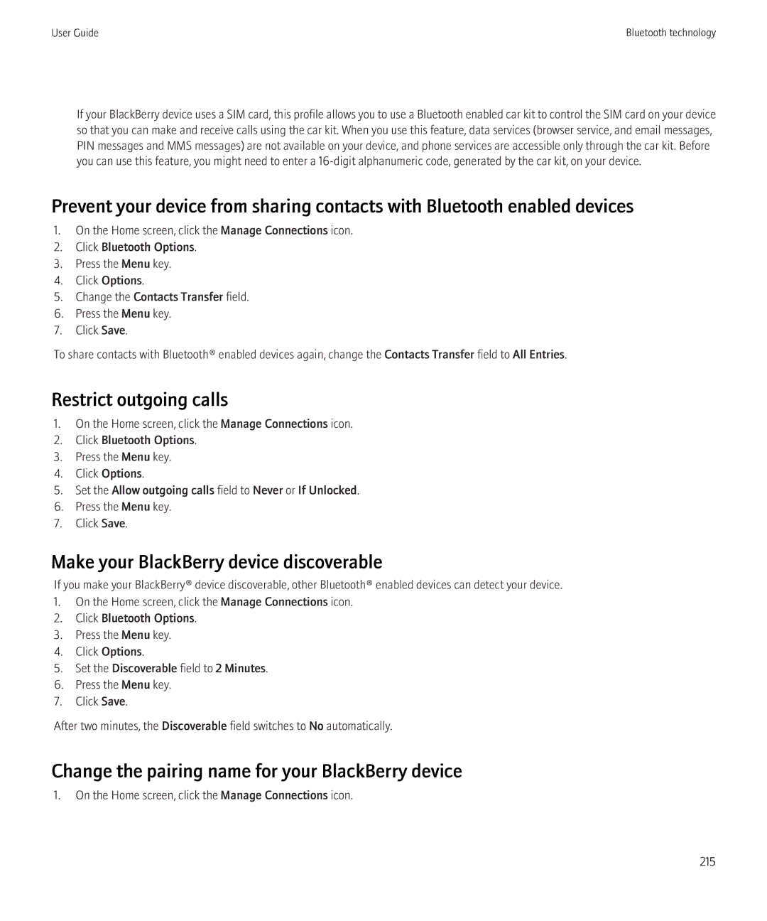 Blackberry 9700 manual Restrict outgoing calls, Make your BlackBerry device discoverable 