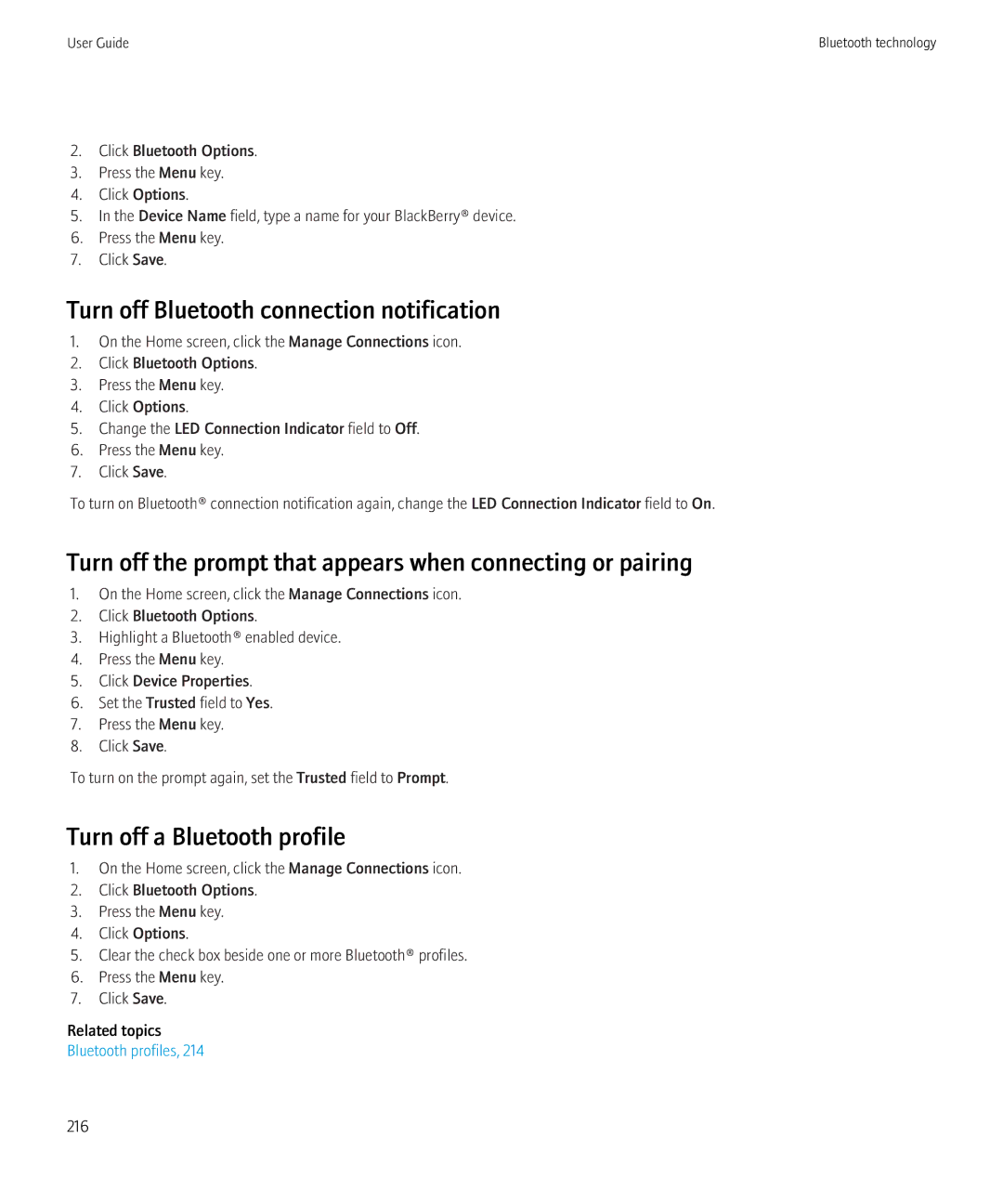 Blackberry 9700 manual Turn off the prompt that appears when connecting or pairing, Turn off a Bluetooth profile 