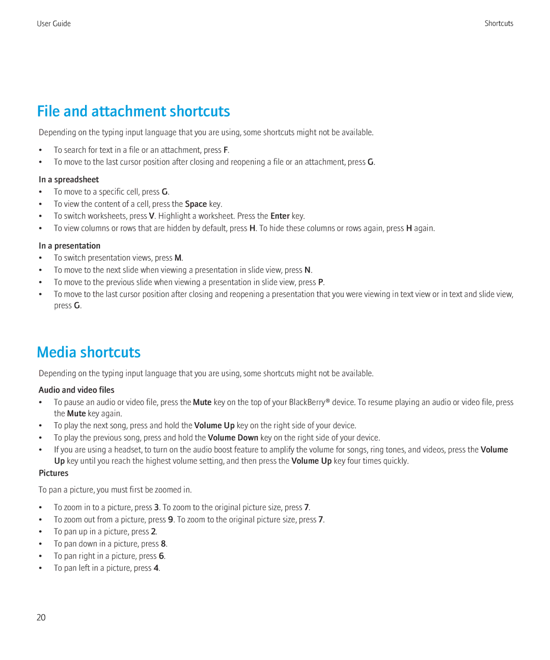 Blackberry 9700 manual File and attachment shortcuts, Media shortcuts 