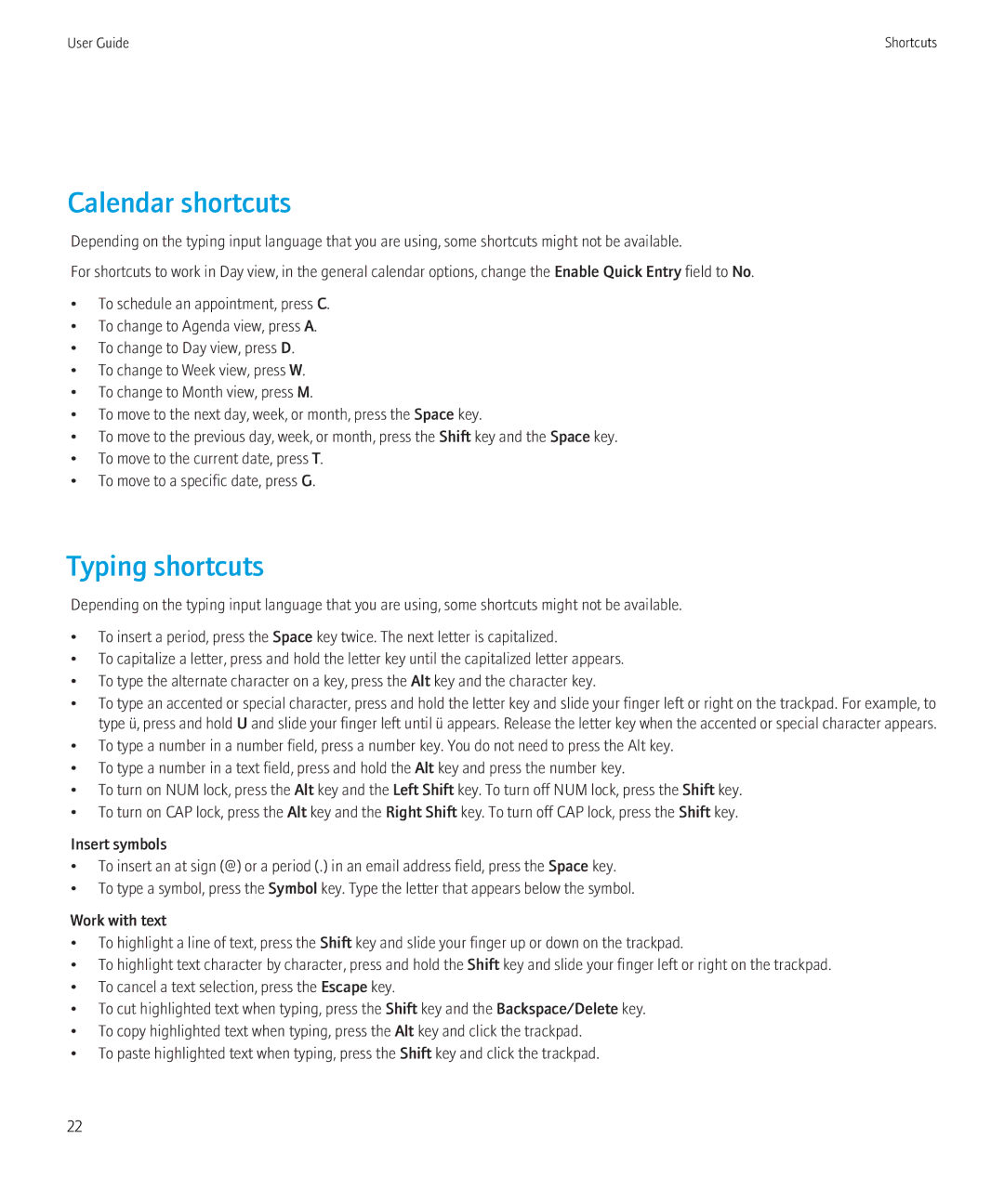 Blackberry 9700 manual Calendar shortcuts, Typing shortcuts 