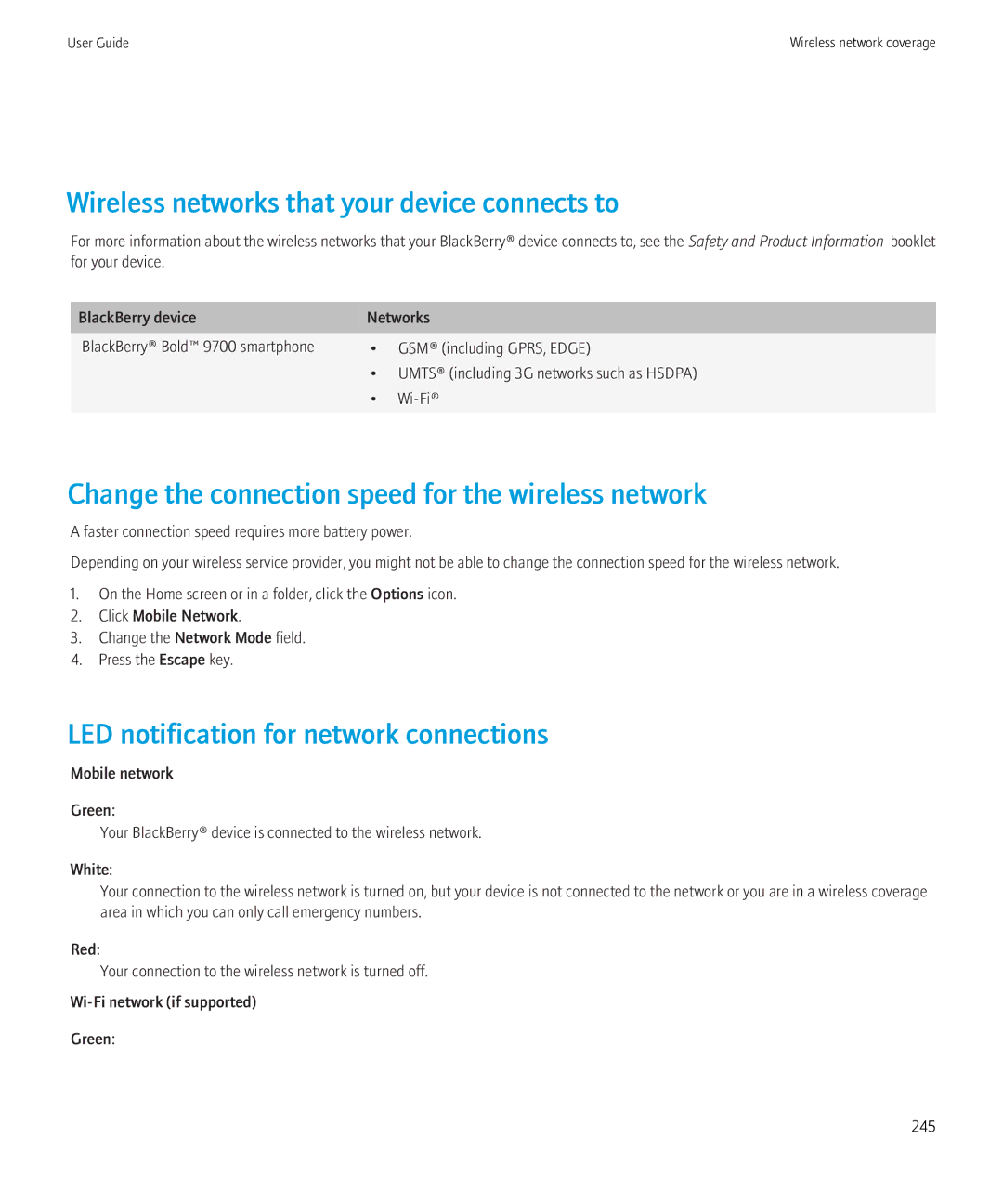 Blackberry 9700 manual Wireless networks that your device connects to, Change the connection speed for the wireless network 