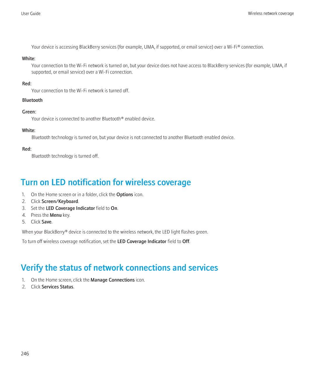 Blackberry 9700 Turn on LED notification for wireless coverage, Verify the status of network connections and services 