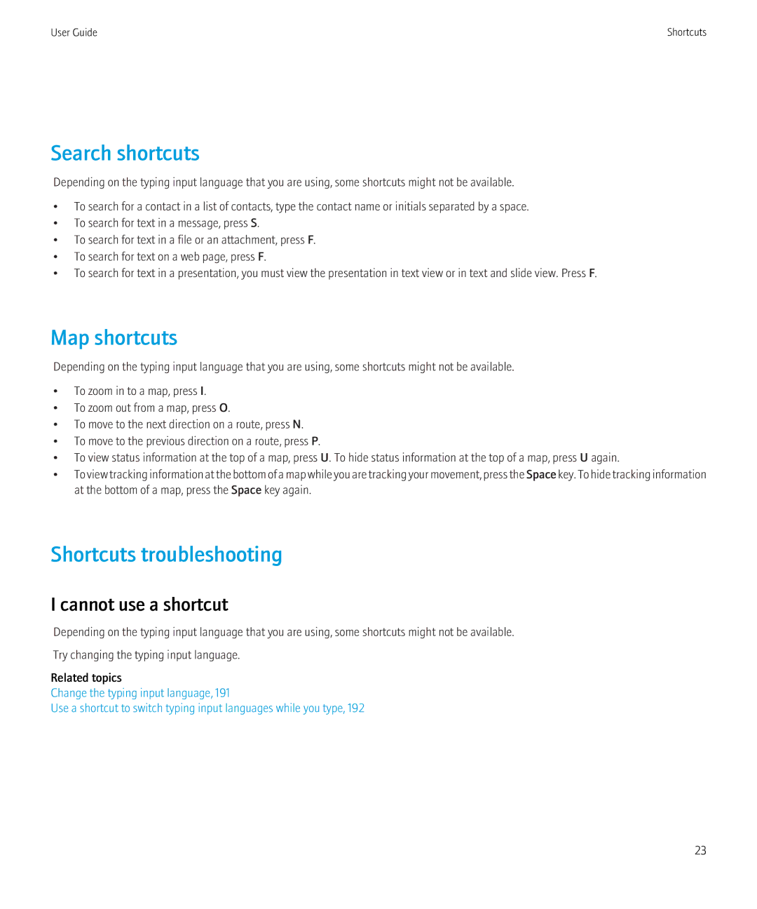 Blackberry 9700 manual Search shortcuts, Map shortcuts, Shortcuts troubleshooting, Cannot use a shortcut 