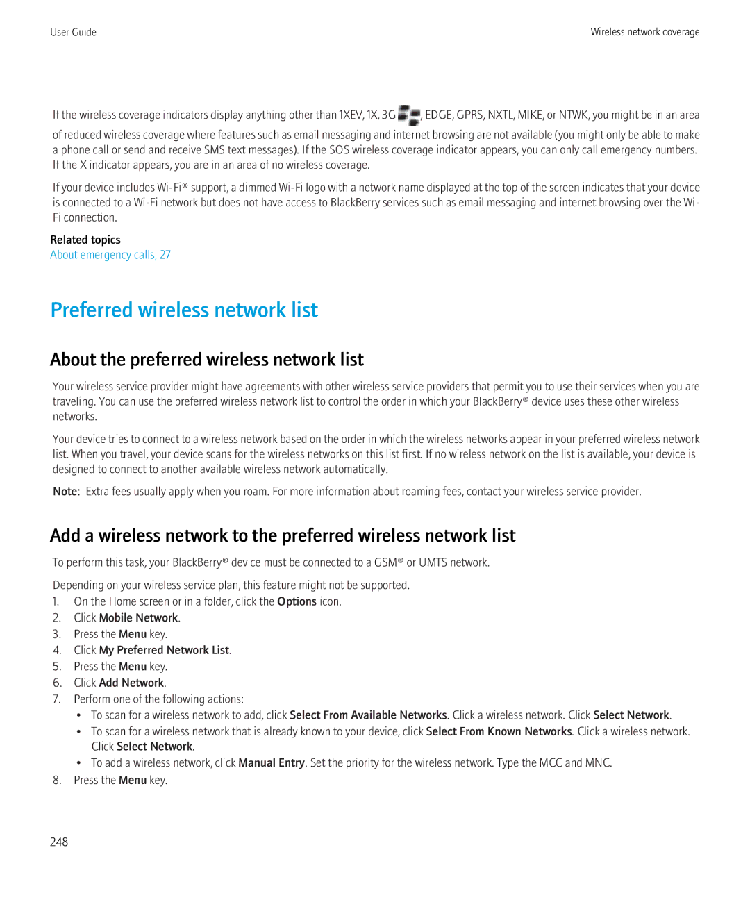 Blackberry 9700 manual Preferred wireless network list, About the preferred wireless network list 