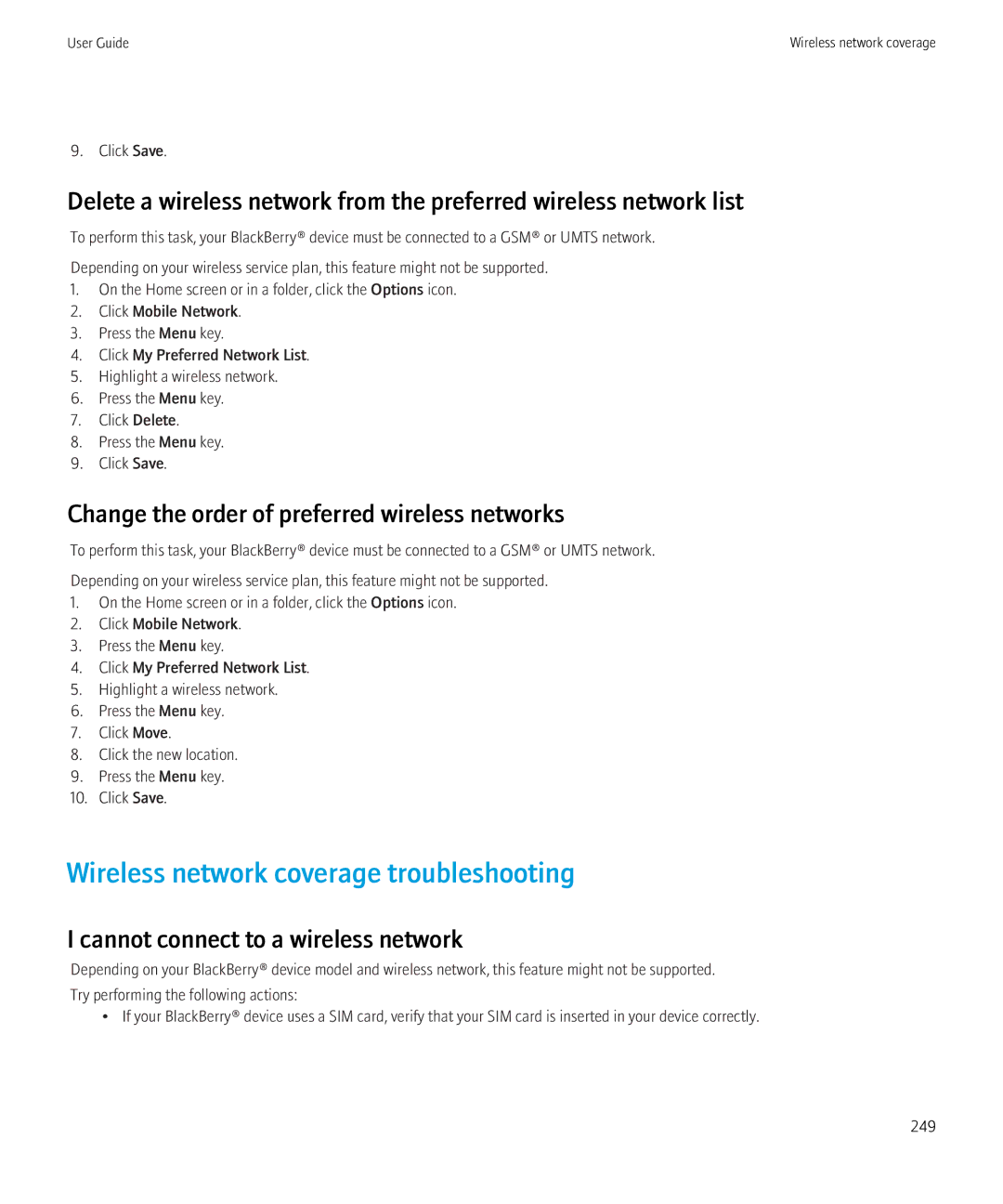 Blackberry 9700 manual Wireless network coverage troubleshooting, Change the order of preferred wireless networks 