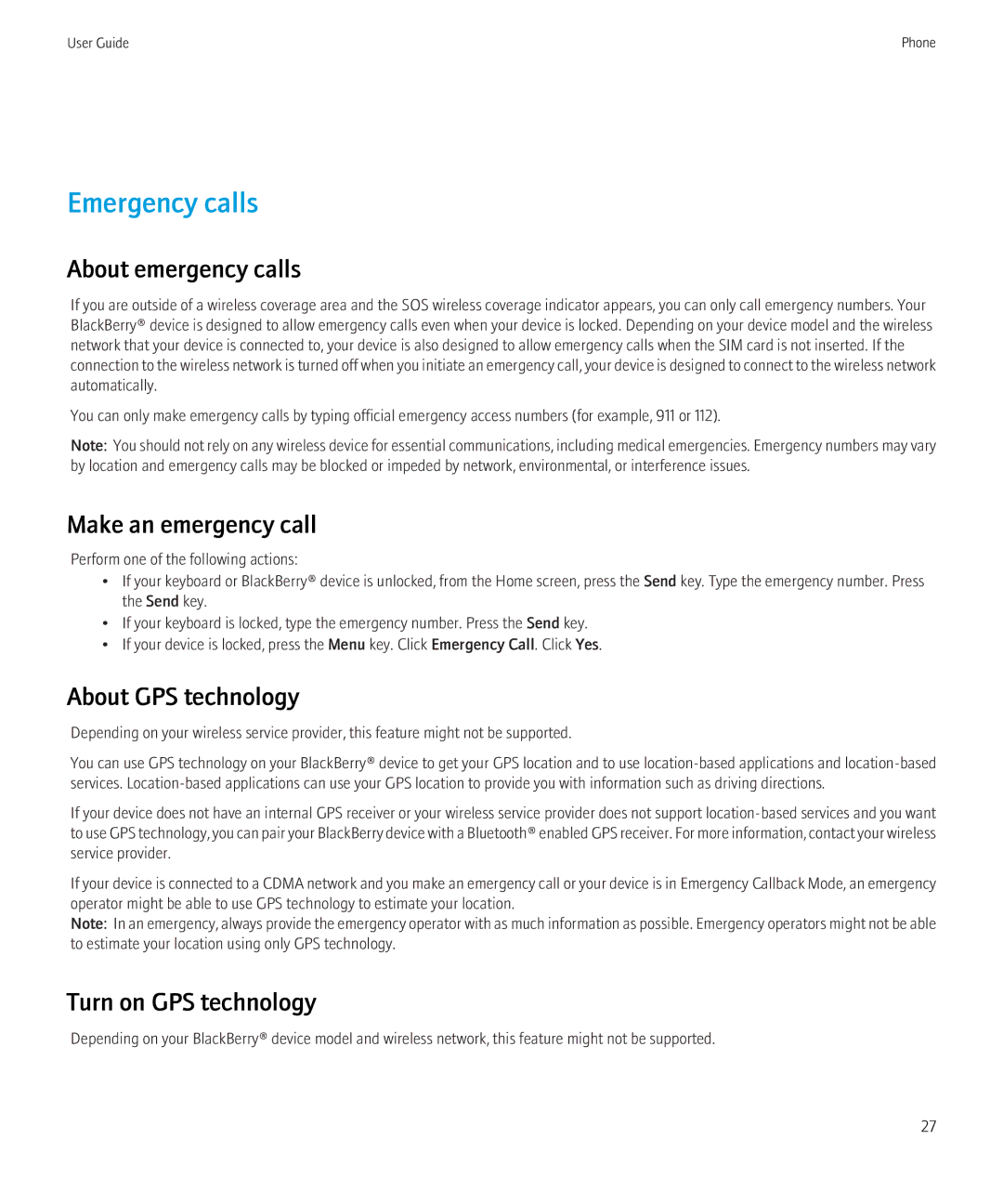 Blackberry 9700 manual Emergency calls, About emergency calls, Make an emergency call, About GPS technology 