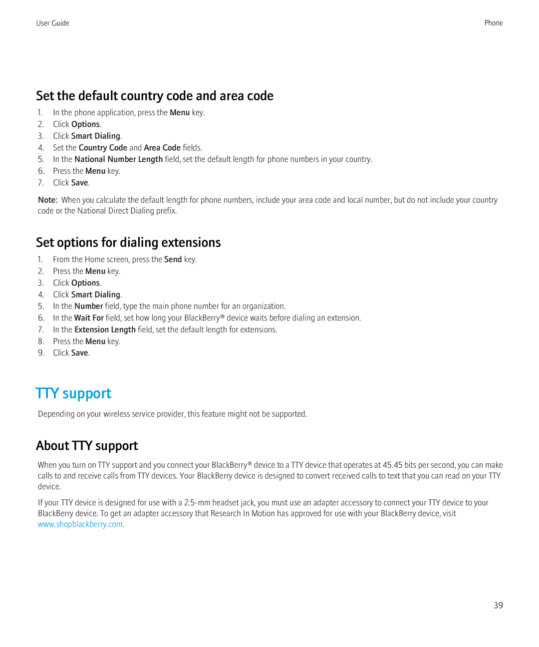 Blackberry 9700 manual TTY support, Set the default country code and area code, Set options for dialing extensions 