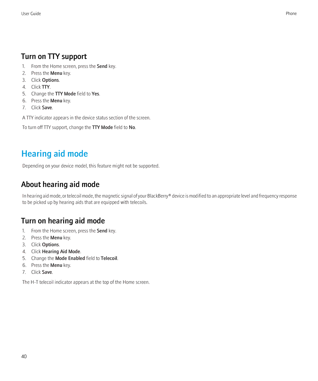 Blackberry 9700 manual Hearing aid mode, Turn on TTY support, About hearing aid mode, Turn on hearing aid mode 