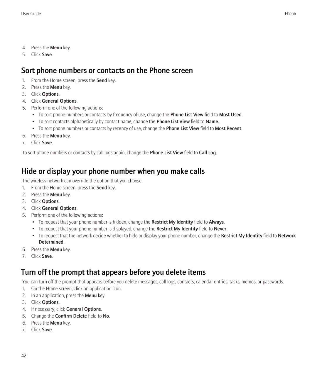 Blackberry 9700 Sort phone numbers or contacts on the Phone screen, Hide or display your phone number when you make calls 