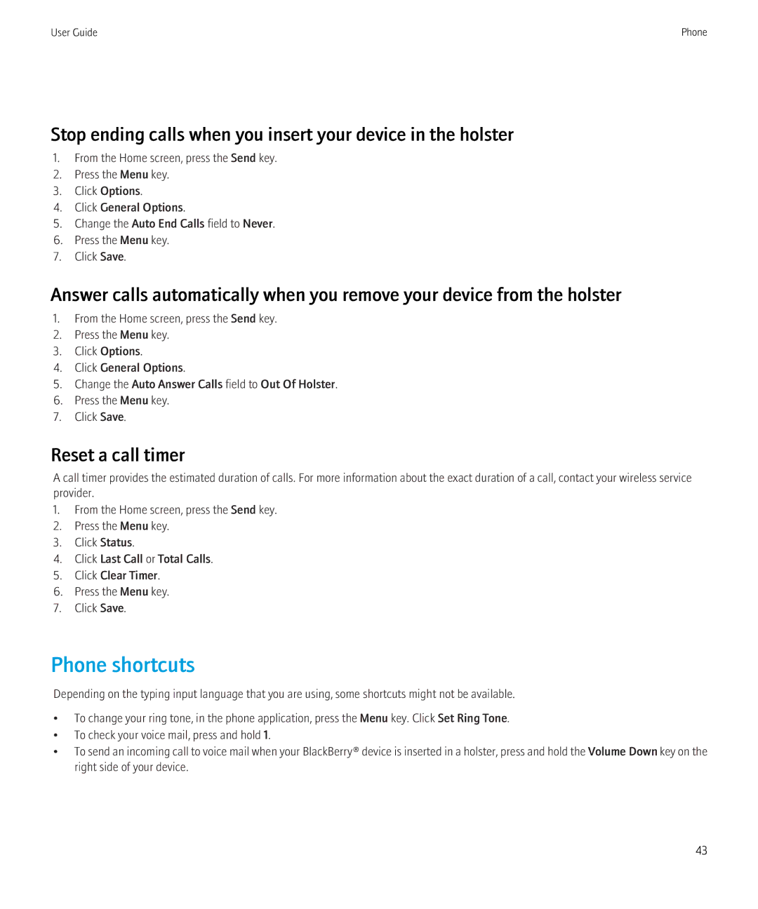 Blackberry 9700 manual Stop ending calls when you insert your device in the holster, Reset a call timer 