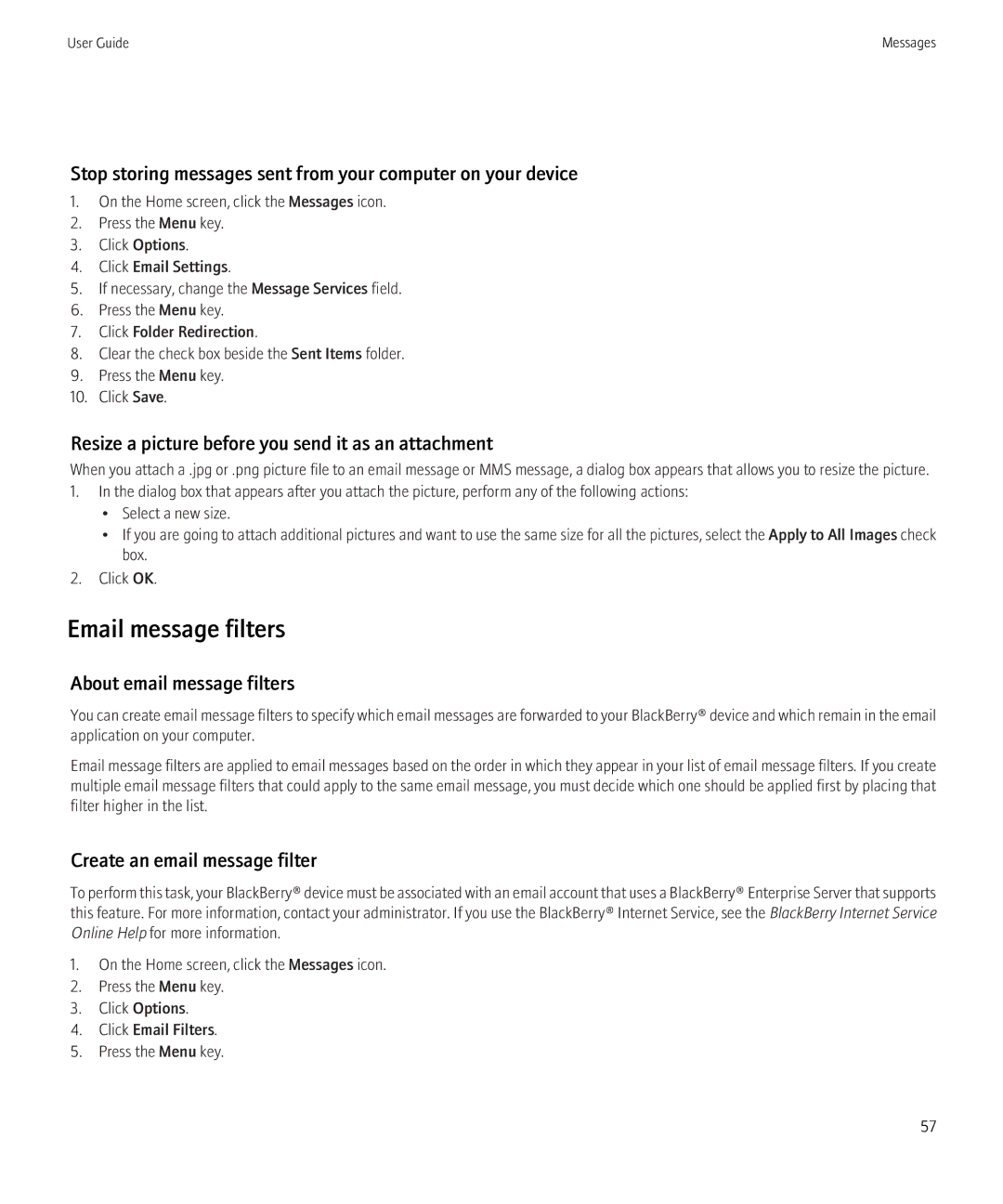 Blackberry 9700 Email message filters, Resize a picture before you send it as an attachment, About email message filters 