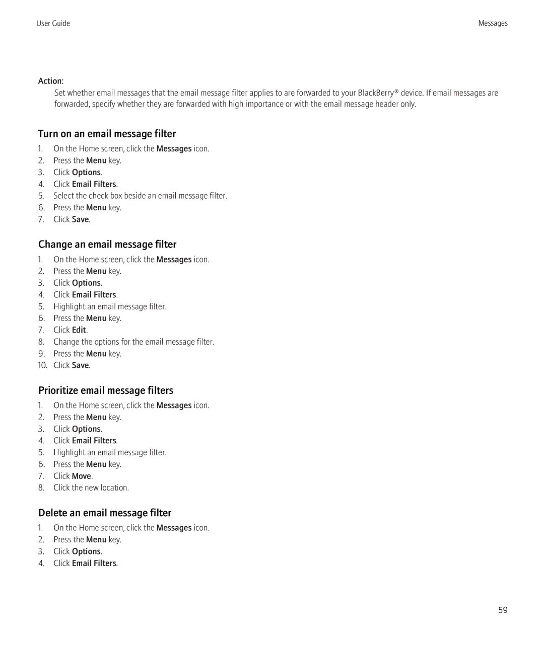 Blackberry 9700 manual Turn on an email message filter, Change an email message filter, Prioritize email message filters 