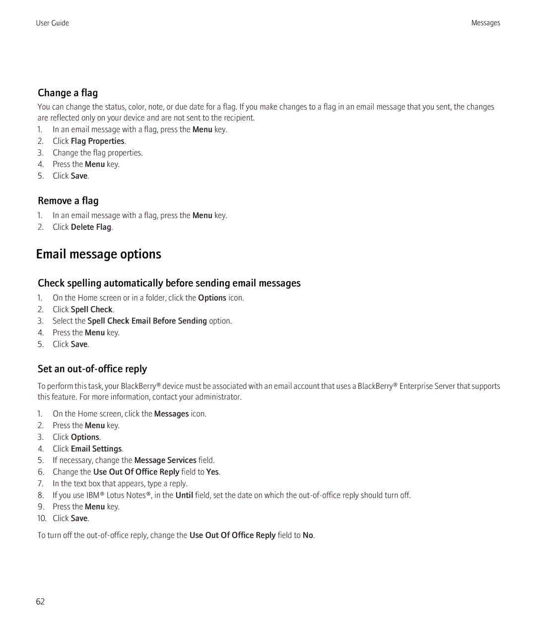 Blackberry 9700 manual Email message options, Change a flag, Remove a flag, Set an out-of-office reply 
