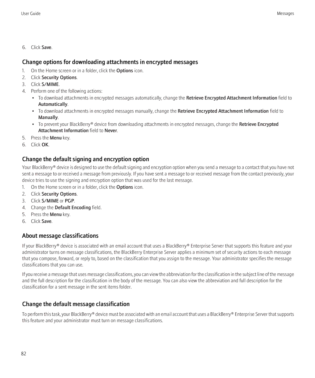 Blackberry 9700 manual Change the default signing and encryption option, About message classifications 