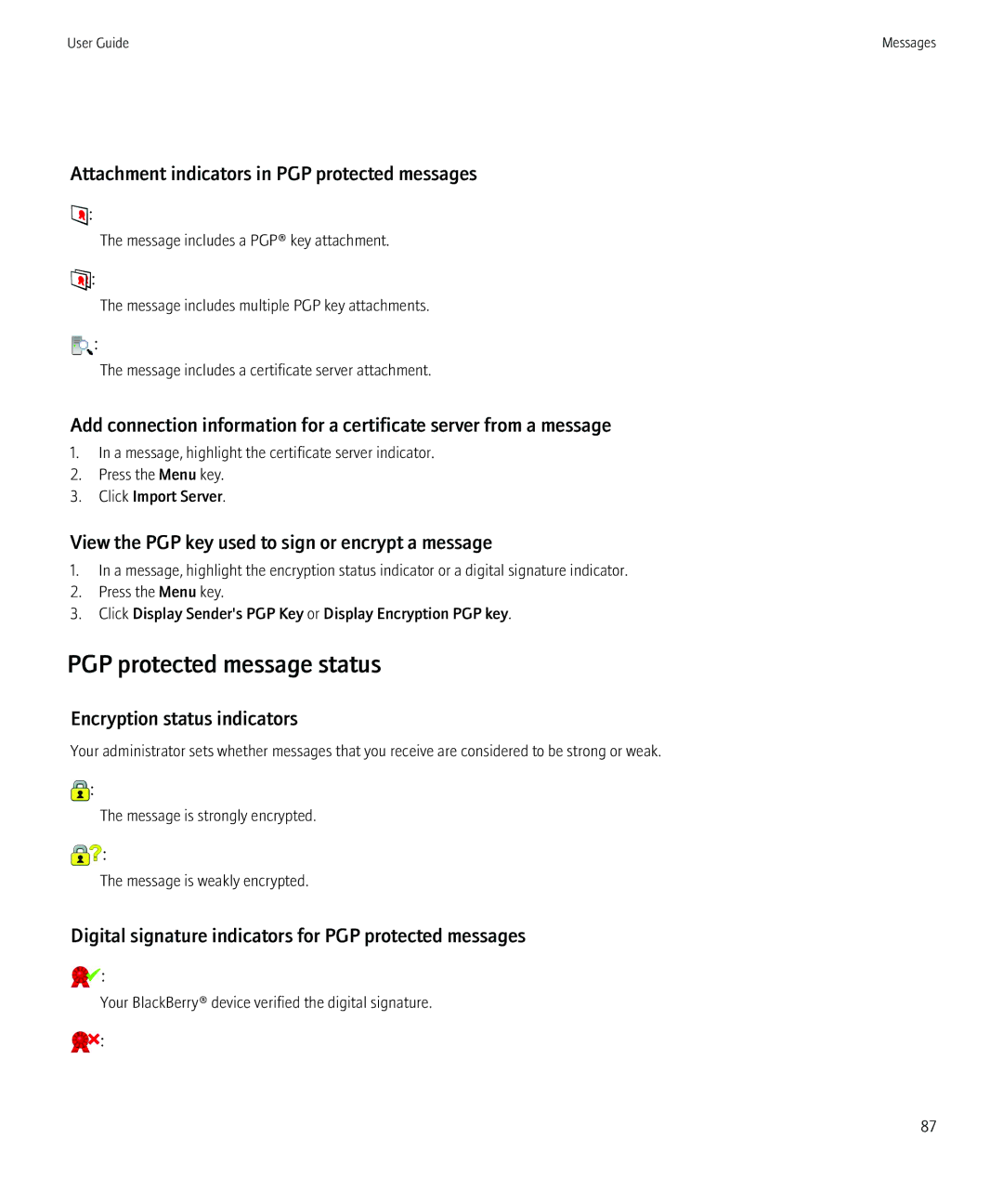 Blackberry 9700 manual PGP protected message status, Attachment indicators in PGP protected messages 