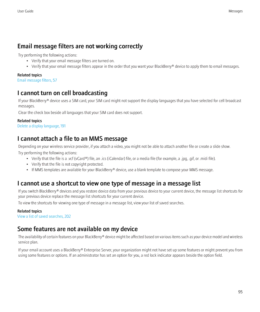 Blackberry 9700 manual Email message filters are not working correctly, Cannot turn on cell broadcasting 