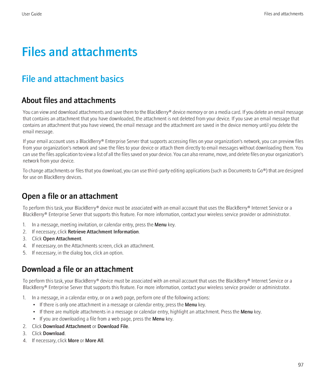 Blackberry 9700 manual Files and attachments, File and attachment basics, About files and attachments 