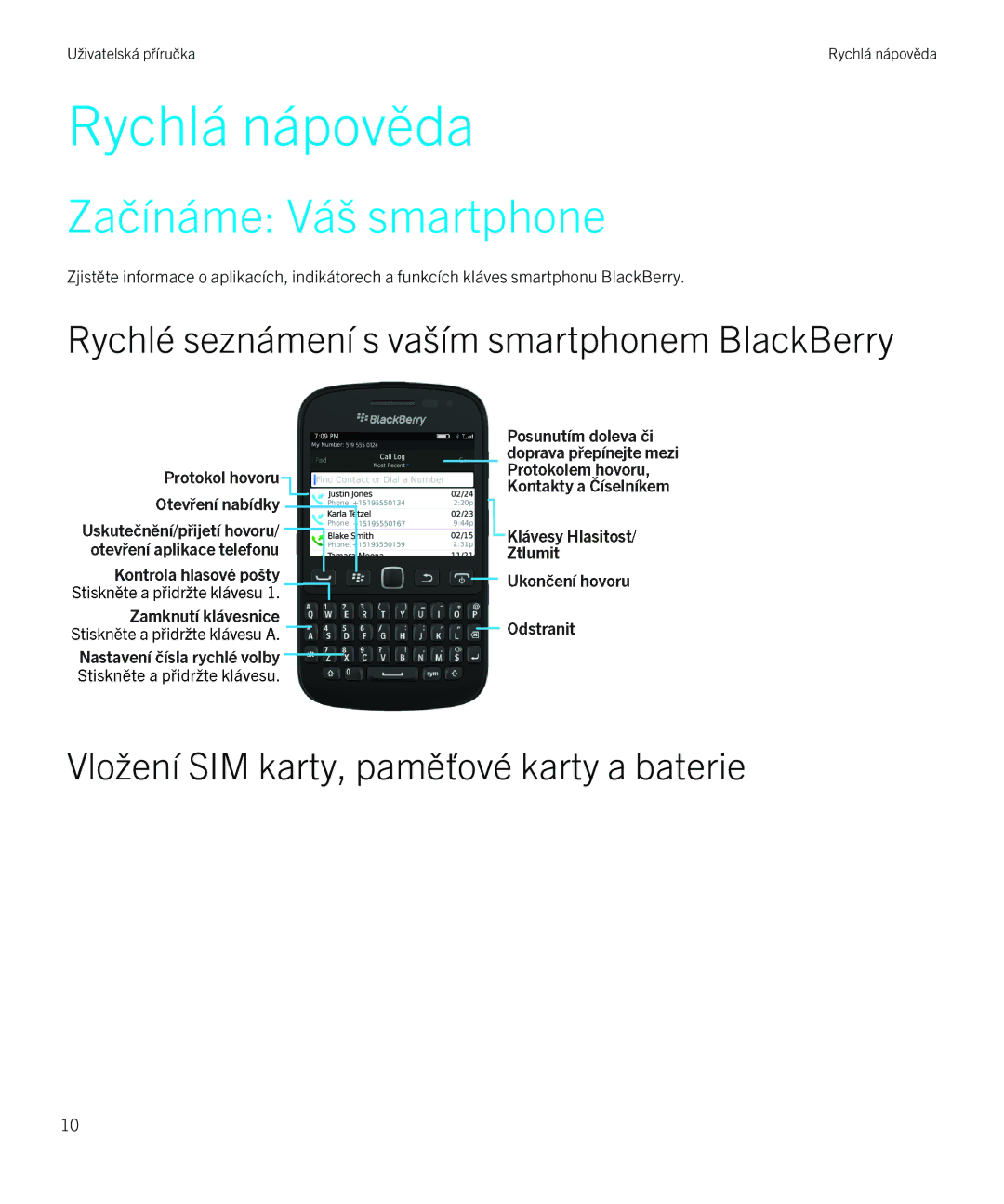 Blackberry 9720 manual Rychlá nápověda, Začínáme Váš smartphone 