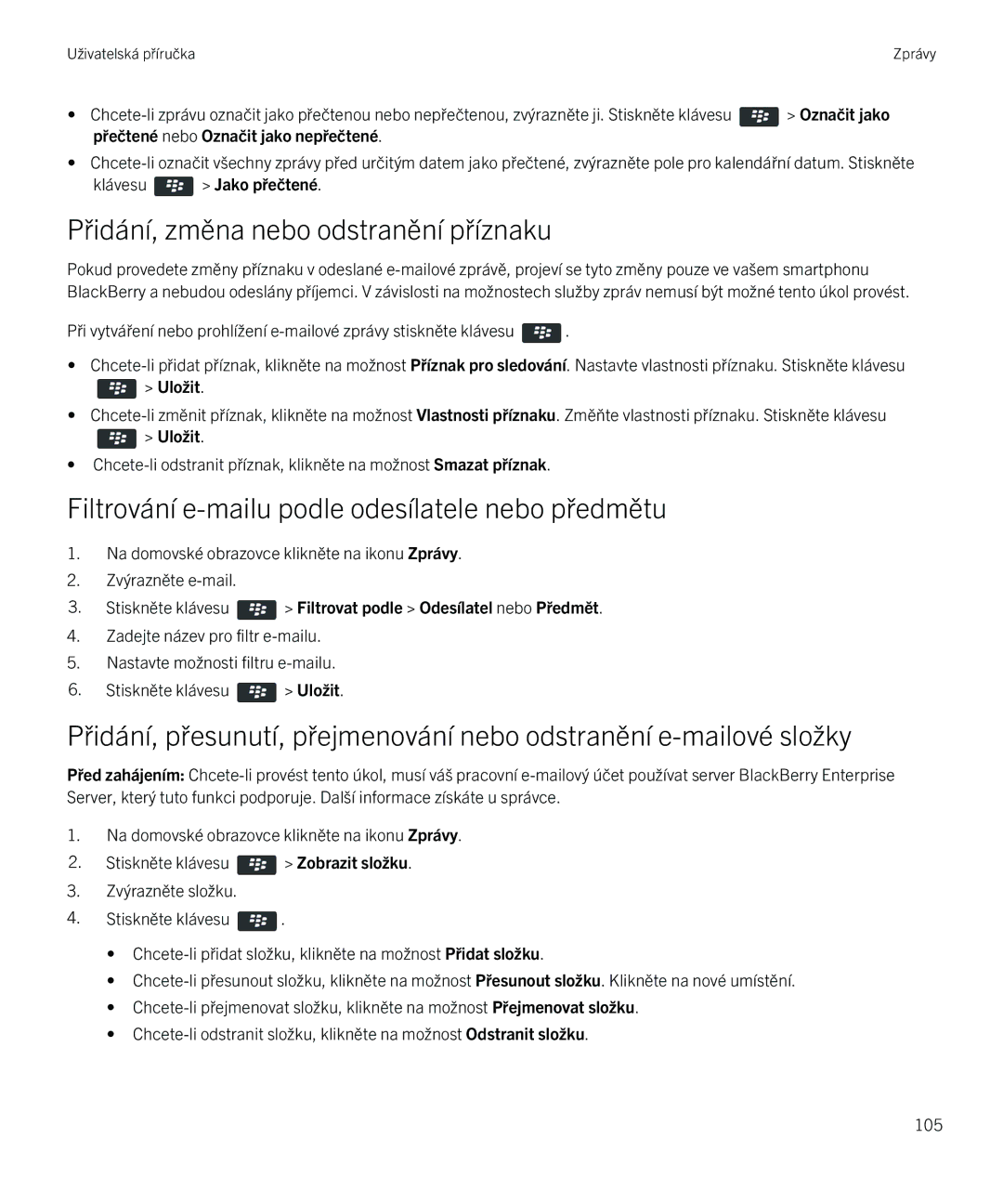 Blackberry 9720 manual Přidání, změna nebo odstranění příznaku, Filtrování e-mailu podle odesílatele nebo předmětu 