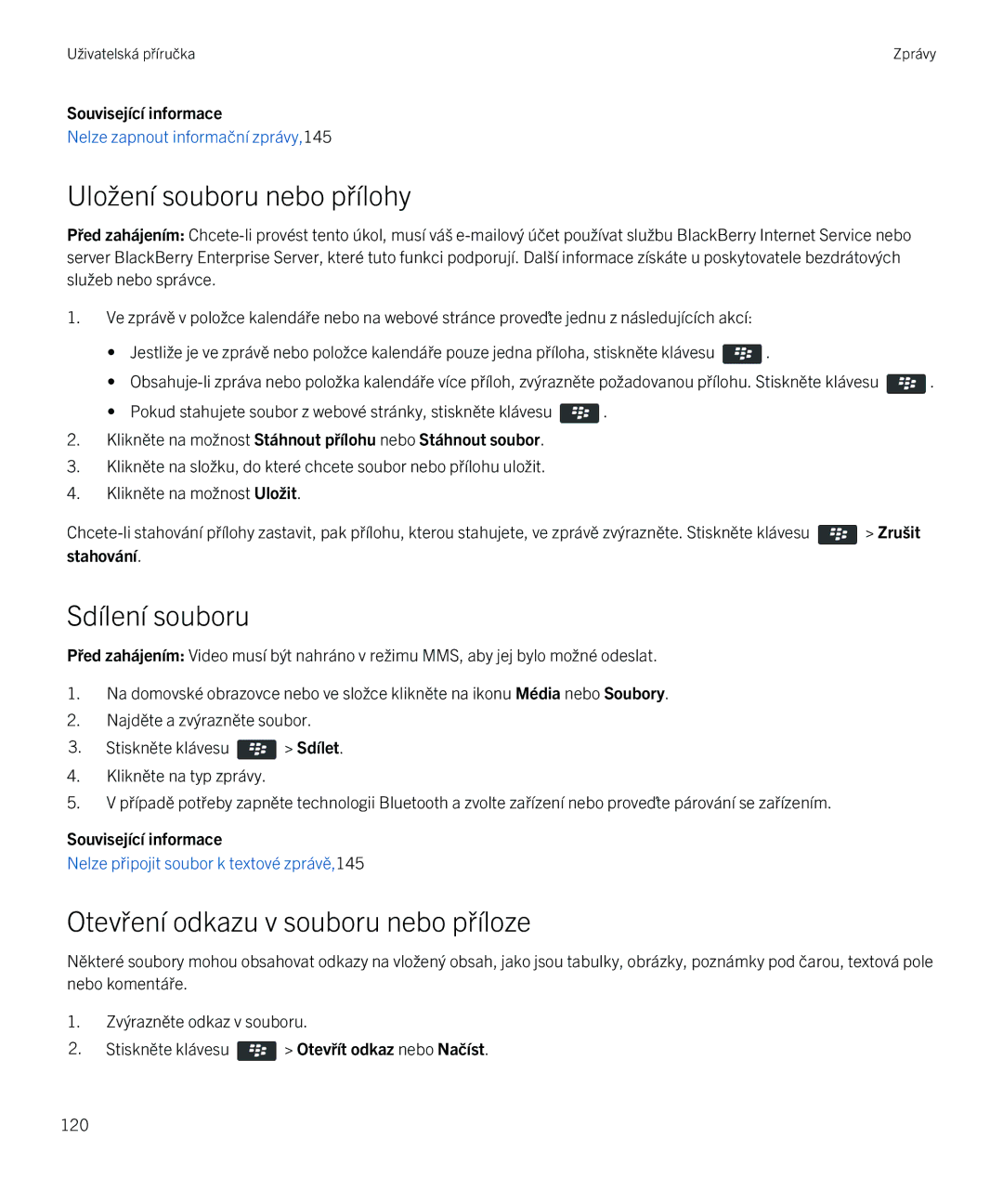 Blackberry 9720 manual Uložení souboru nebo přílohy, Sdílení souboru, Otevření odkazu v souboru nebo příloze 