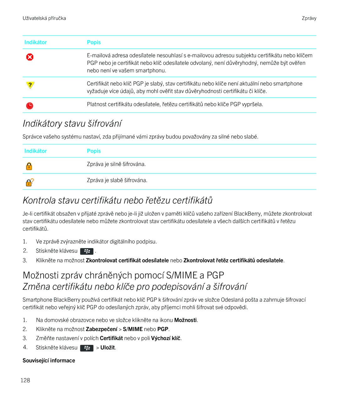 Blackberry 9720 manual Indikátory stavu šifrování 