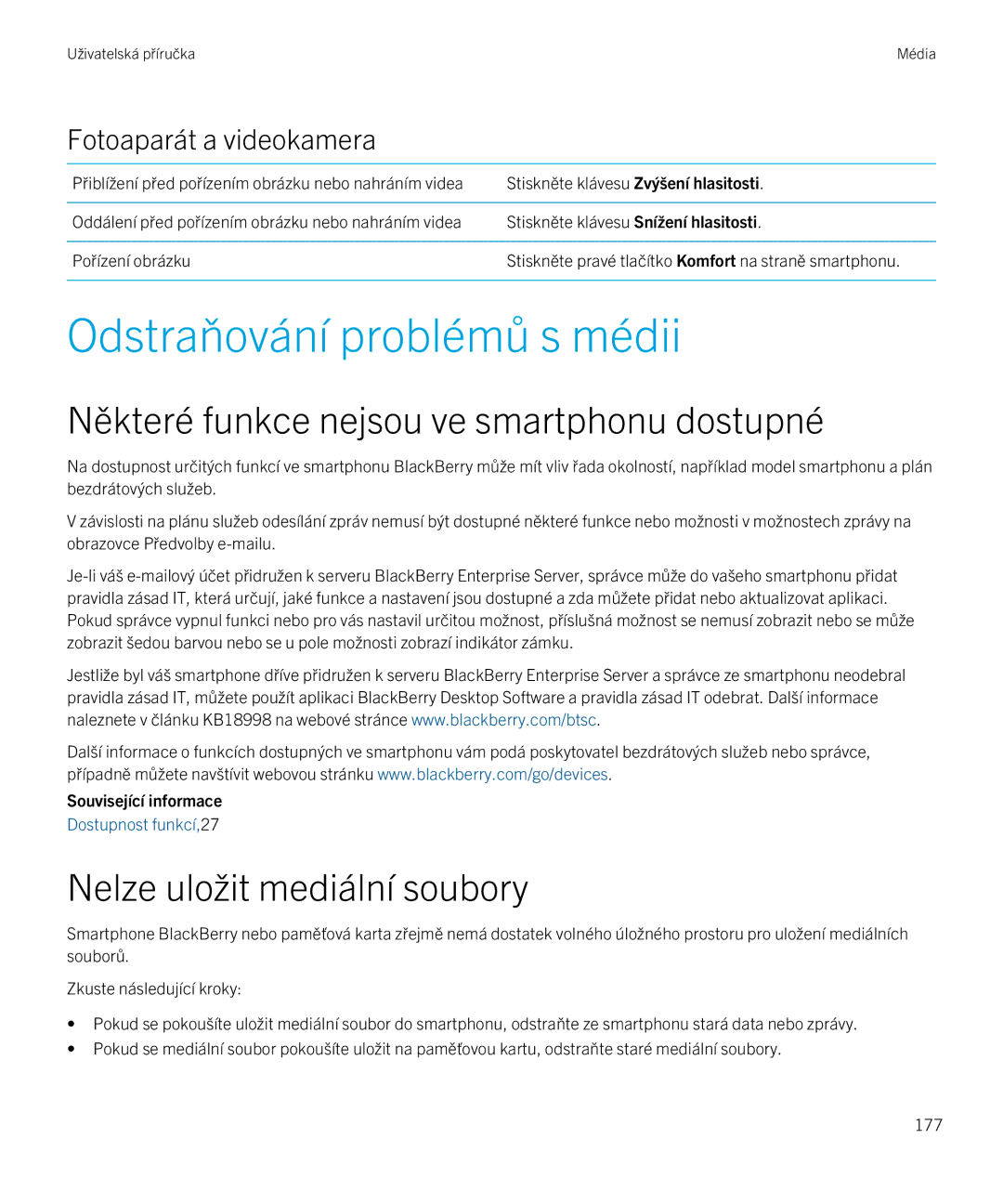 Blackberry 9720 manual Odstraňování problémů s médii, Nelze uložit mediální soubory 