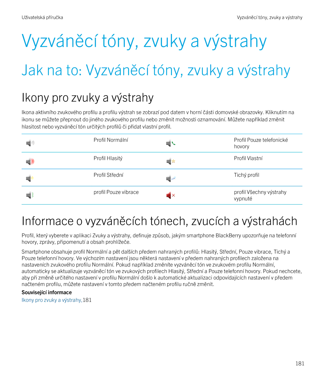 Blackberry 9720 manual Jak na to Vyzváněcí tóny, zvuky a výstrahy, Ikony pro zvuky a výstrahy 