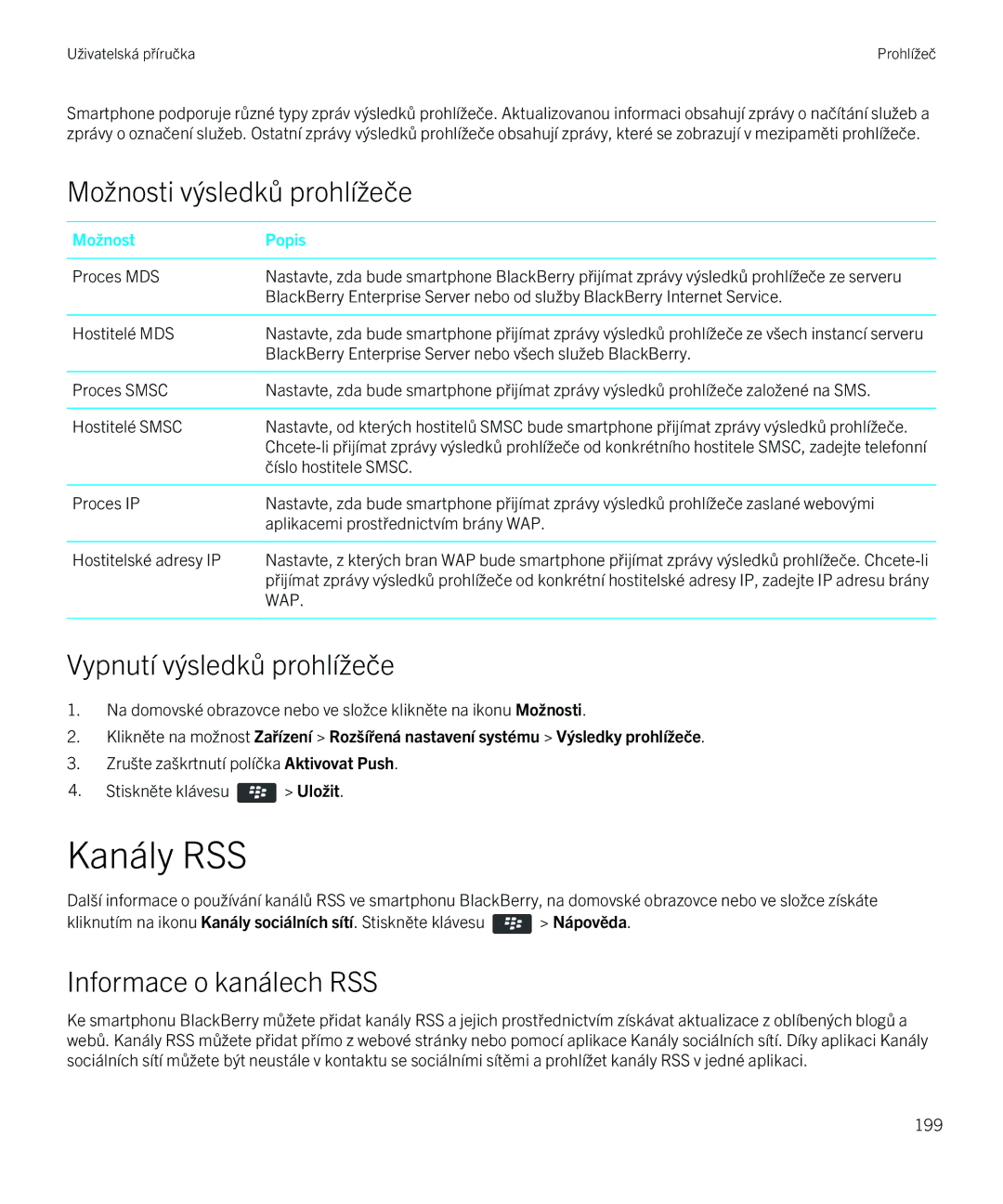 Blackberry 9720 manual Kanály RSS, Možnosti výsledků prohlížeče, Vypnutí výsledků prohlížeče, Informace o kanálech RSS 