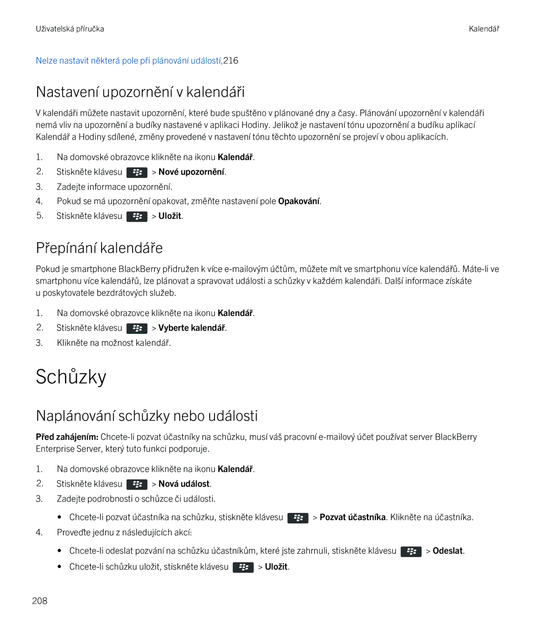 Blackberry 9720 manual Schůzky, Nastavení upozornění v kalendáři, Přepínání kalendáře 