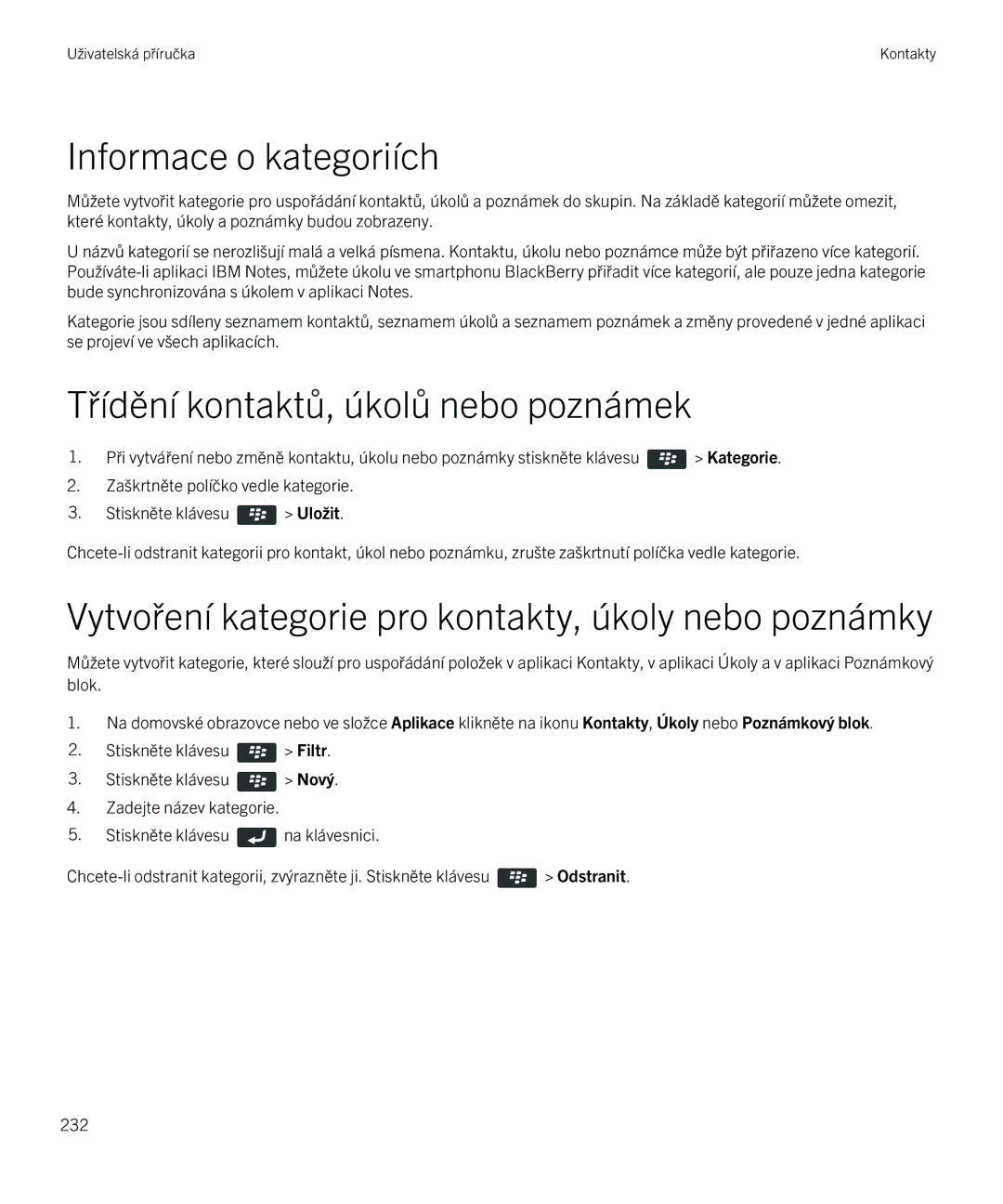 Blackberry 9720 manual Informace o kategoriích, Třídění kontaktů, úkolů nebo poznámek 