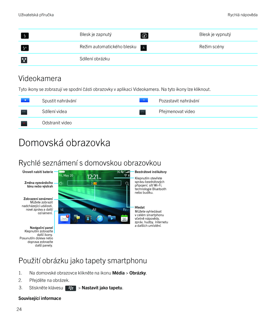 Blackberry 9720 manual Domovská obrazovka, Videokamera 