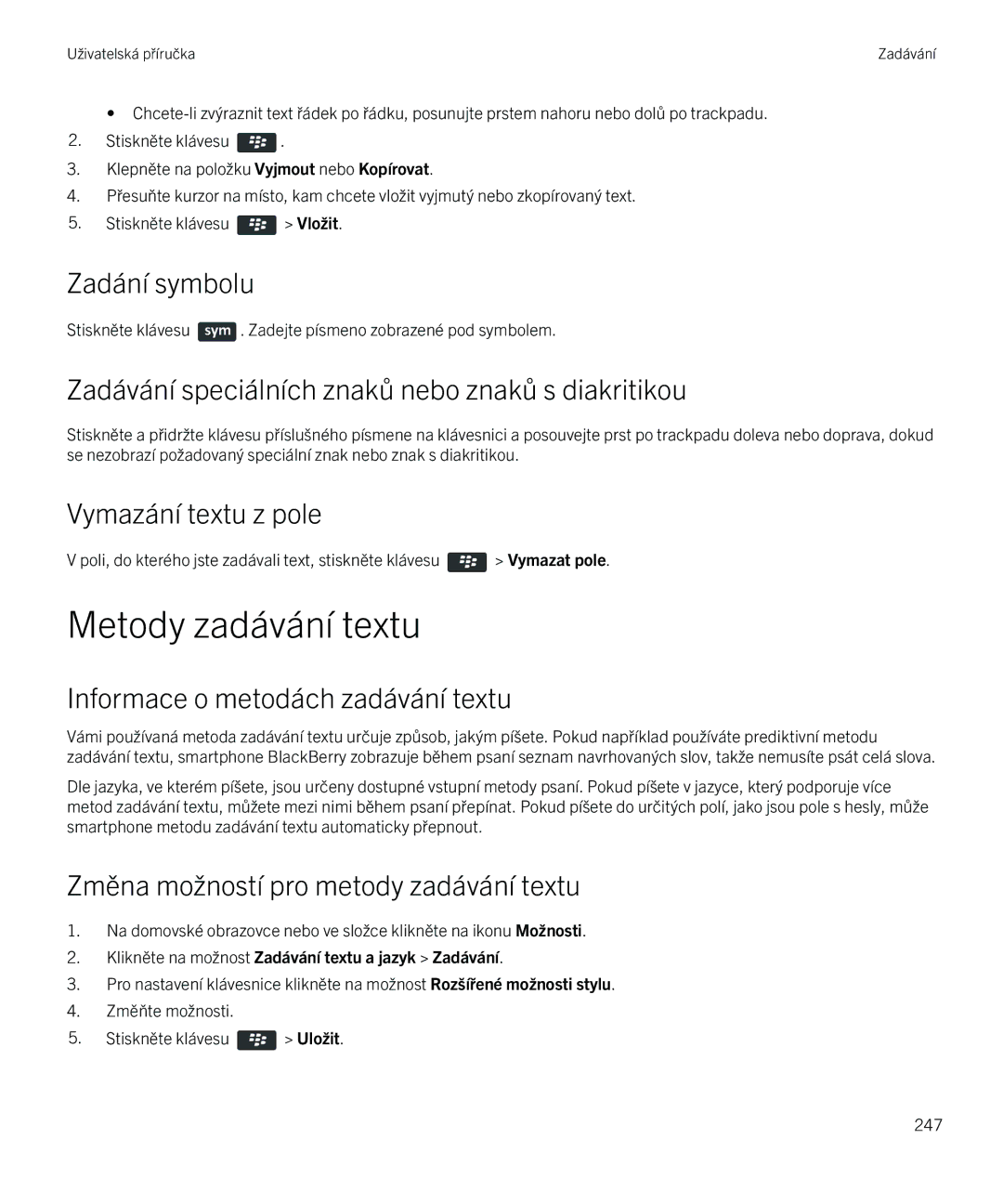 Blackberry 9720 manual Metody zadávání textu 