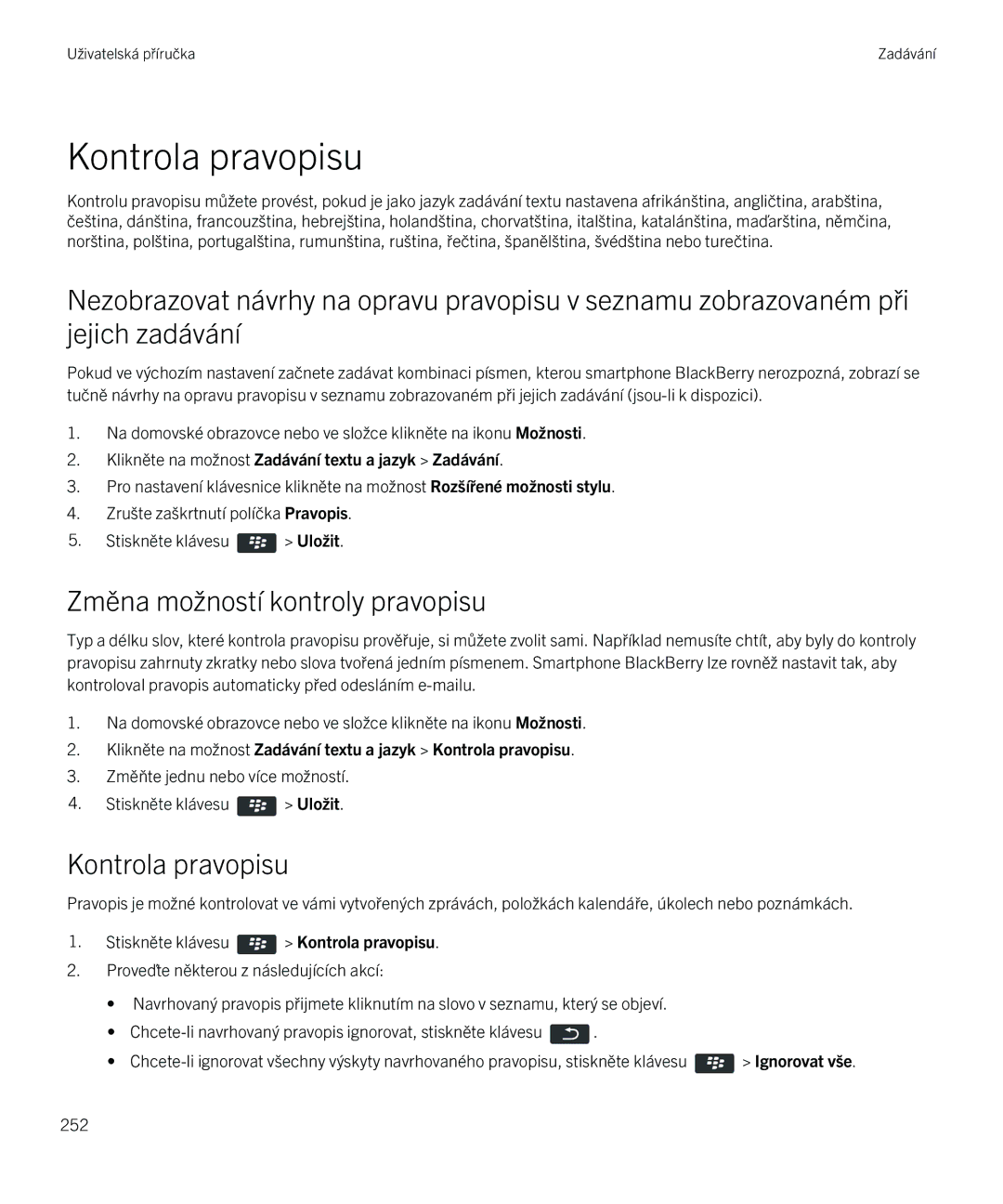 Blackberry 9720 manual Kontrola pravopisu, Změna možností kontroly pravopisu 