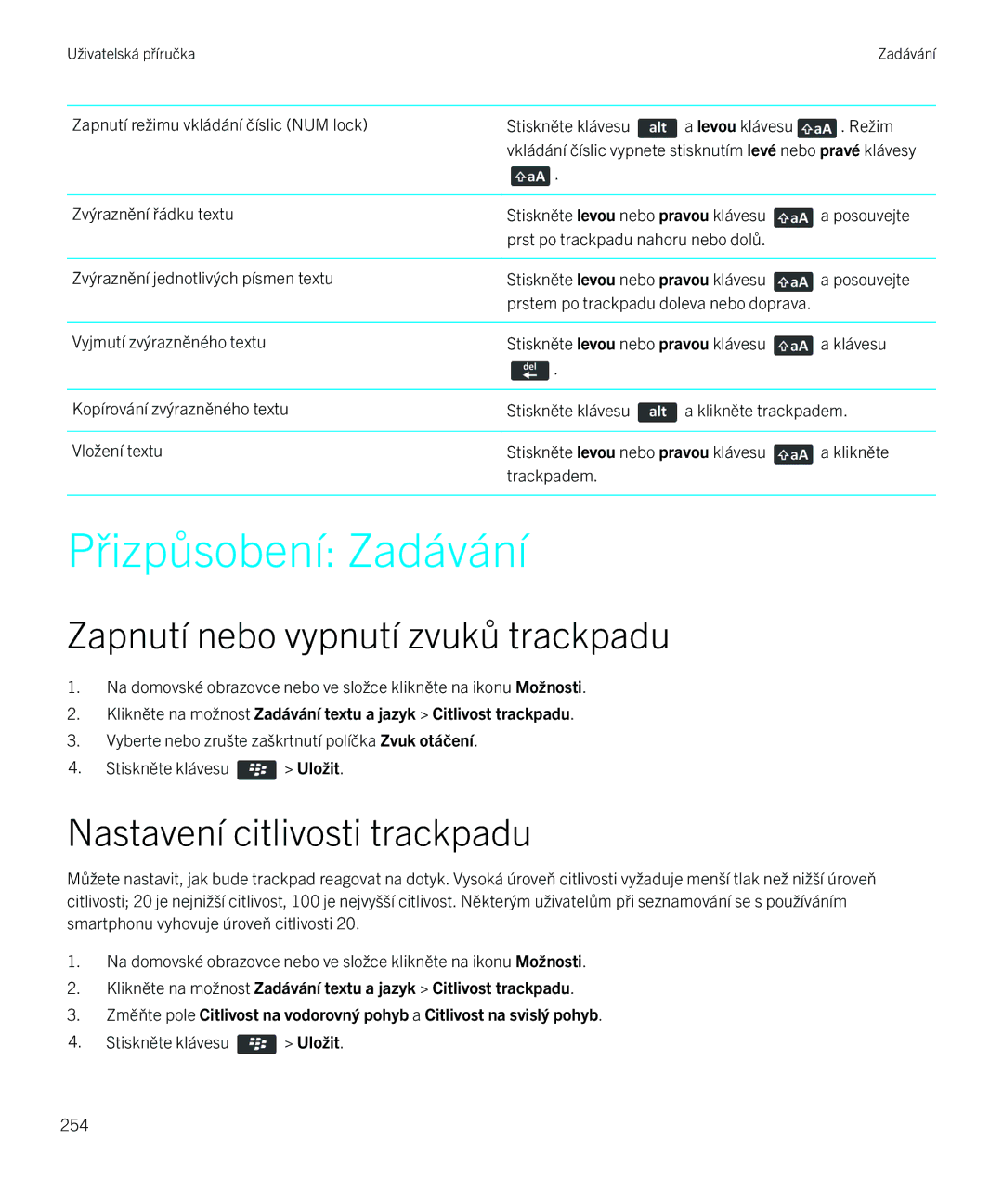 Blackberry 9720 manual Přizpůsobení Zadávání, Zapnutí nebo vypnutí zvuků trackpadu 