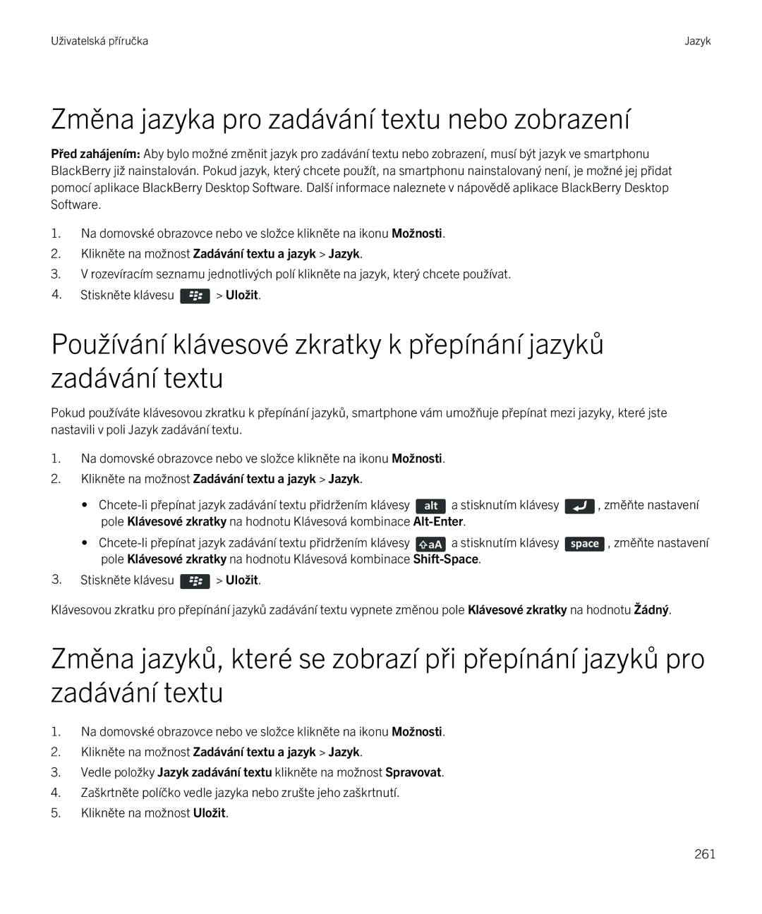 Blackberry 9720 manual Změna jazyka pro zadávání textu nebo zobrazení, Klikněte na možnost Zadávání textu a jazyk Jazyk 